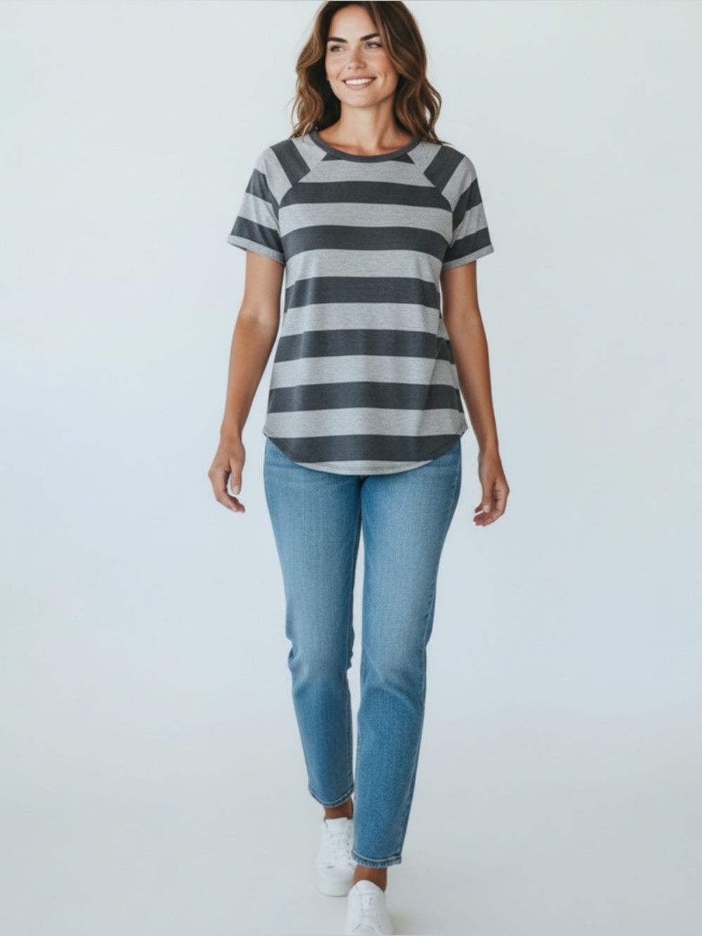 Perfect Peach Boutique Gray Stripe French Terry Short Sleeve Cozy Casual Top 1X